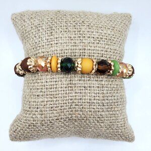 Beaded Stretch Bracelet With Green Brown & Gold Accents - 6-Inch Jewelry For Wom